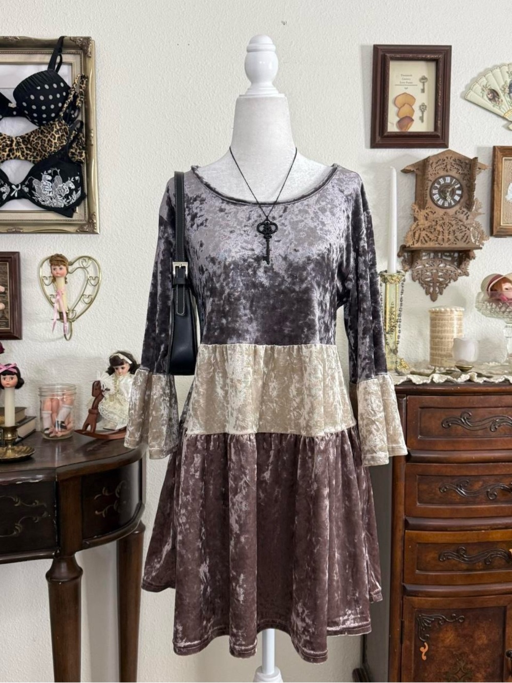 Whimsical crushed velvet tiered ruffled babydoll dress w flare sleeves